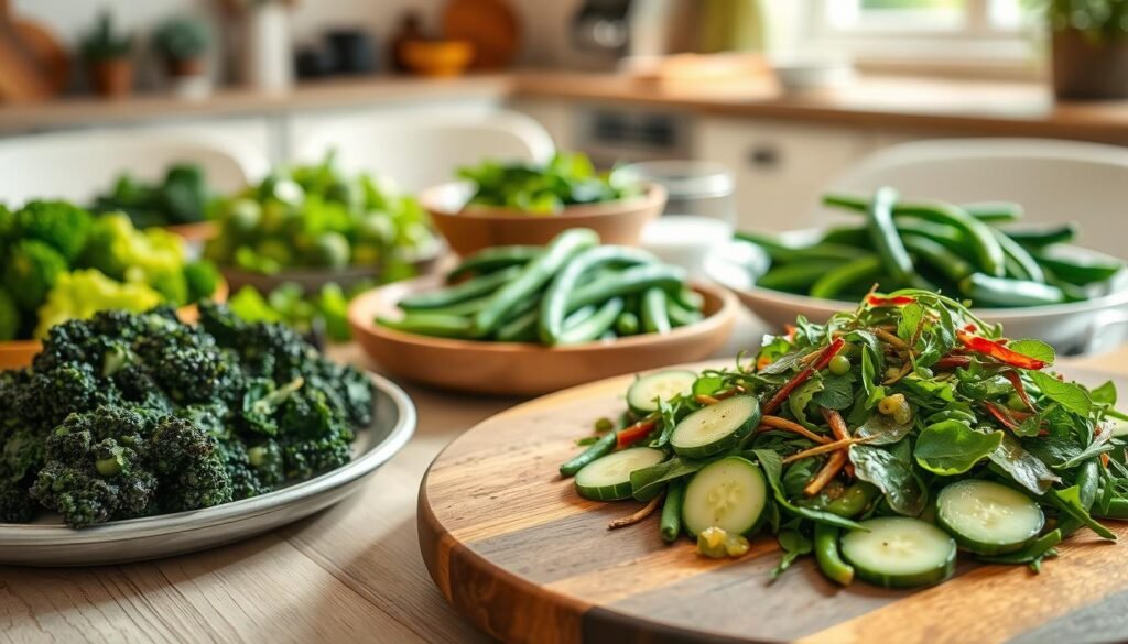 A beautifully arranged table featuring a variety of green vegetable dishes, including steamed broccoli, sautéed spinach, and fresh green beans, all vibrantly colored and garnished with herbs. In the foreground, a wooden serving platter holds a colorful salad made with arugula, edamame, and slices of cucumber, drizzled with a light vinaigrette. The middle ground shows a rustic dining setting with elegant tableware, while the background consists of a softly blurred kitchen environment with natural light streaming in through a window, creating a warm and inviting atmosphere. The scene conveys a sense of freshness, healthiness, and culinary delight, perfect for illustrating a section on recommended green vegetable dishes.