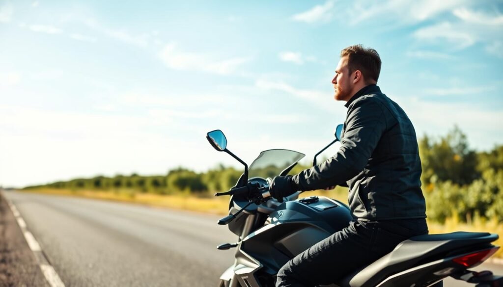 A serene scene depicting a rider practicing safe breathing techniques while on a motorcycle. In the foreground, a focused motorcyclist, dressed in a modest, professional riding suit, sits upright on a sleek, modern motorcycle, hands relaxed on the handlebar. The middle layer features a softly blurred roadway, lined with gentle greenery, suggesting a calm, open environment. The background showcases a clear blue sky with wispy clouds, adding to the tranquil atmosphere. The lighting is bright yet soft, evoking a sunny day, casting gentle shadows. The image should convey a sense of mindfulness and safety, emphasizing the importance of breath control while riding, highlighting the meditative aspect of the journey.
