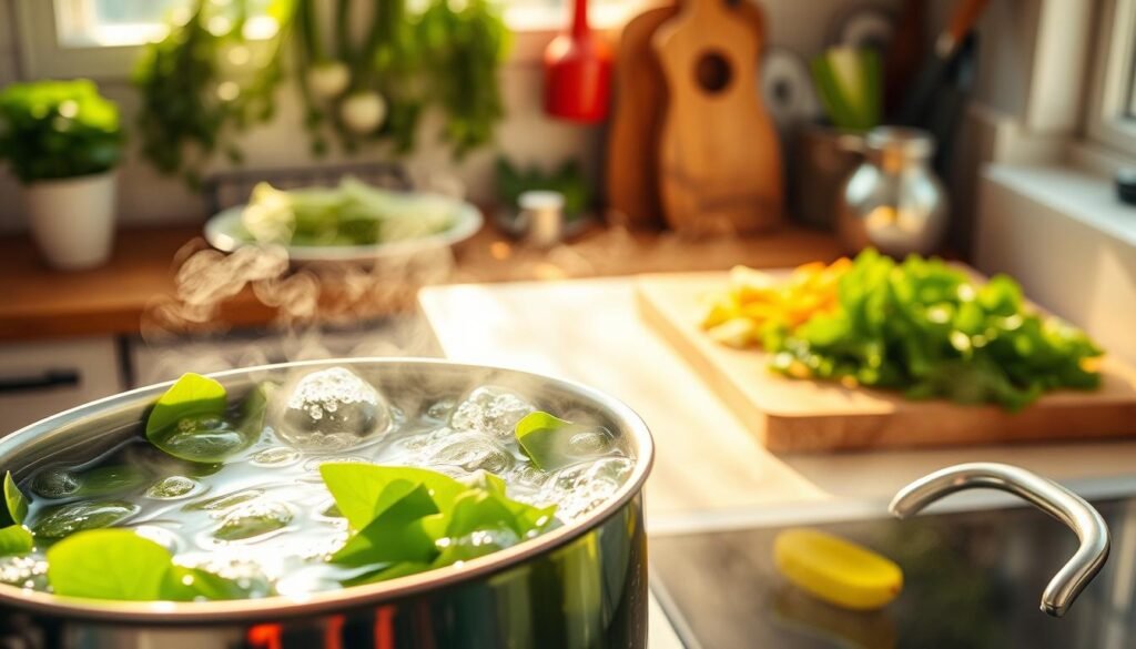 A vibrant kitchen scene showcasing the technique of boiling green vegetables. In the foreground, a stainless steel pot filled with boiling water and bright green leafy vegetables, such as spinach and kale, shows bubbles rising elegantly. Steam wafts up, illuminated by warm, natural sunlight pouring in from a nearby window, creating a soft and inviting atmosphere. Midground features an array of colorful chopped vegetables on a wooden cutting board, suggesting preparation for a healthy dish. In the background, a rustic kitchen decor with herbs hanging and utensils neatly organized adds to the cozy feel. The image captures a moment of culinary artistry, emphasizing freshness and nourishment. The camera angle is slightly elevated, offering a comprehensive view that conveys warmth and vibrancy.