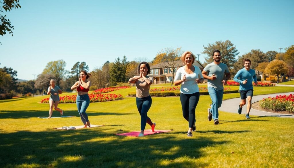 A vibrant outdoor scene showcasing diverse individuals engaging in various physical activities focused on health and well-being. In the foreground, a group of adults in modest athletic wear are participating in a yoga class on a sunlit grassy field, exuding tranquility and focus. In the middle ground, a couple jogs along a winding path, demonstrating camaraderie and motivation. The background features a picturesque park with trees, vibrant flowers, and a clear blue sky, evoking a sense of freedom and vitality. The lighting is warm and inviting, suggesting mid-morning sunlight, creating a cheerful and uplifting atmosphere. The angle is slightly elevated to capture both the activities and the natural beauty surrounding them, emphasizing a lifestyle that promotes balance, fitness, and joy. A vibrant outdoor scene showcasing diverse individuals engaging in various physical activities focused on health and well-being. In the foreground, a group of adults in modest athletic wear are participating in a yoga class on a sunlit grassy field, exuding tranquility and focus. In the middle ground, a couple jogs along a winding path, demonstrating camaraderie and motivation. The background features a picturesque park with trees, vibrant flowers, and a clear blue sky, evoking a sense of freedom and vitality. The lighting is warm and inviting, suggesting mid-morning sunlight, creating a cheerful and uplifting atmosphere. The angle is slightly elevated to capture both the activities and the natural beauty surrounding them, emphasizing a lifestyle that promotes balance, fitness, and joy.