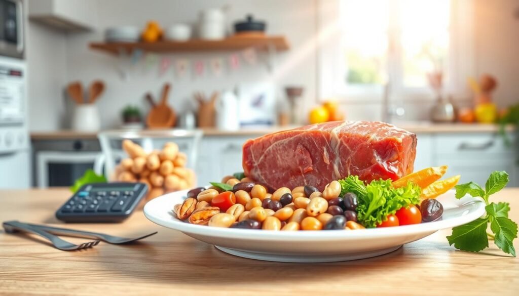 A visually engaging illustration depicting daily protein needs. In the foreground, display a balanced plate featuring a portion of lean meat, a serving of legumes, nuts, and colorful vegetables, emphasizing protein sources. In the middle ground, portray a well-organized table with measuring tools, a calculator, and a nutrition label, suggesting the calculation of protein intake. The background should feature a bright, airy kitchen setting with sunlight streaming through a window, creating a warm and inviting atmosphere. Use a soft focus lens to enhance the foreground details while keeping the background slightly blurred, promoting a sense of depth. Aim for a professional and educational mood, focusing on the importance of understanding daily protein requirements in nutrition. Avoid any text or branding elements.