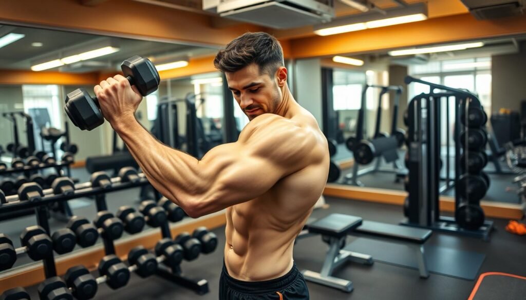 A well-equipped gym interior, showcasing various weightlifting equipment designed for muscle mass building. In the foreground, a muscular person in professional workout attire is demonstrating a bicep curl with dumbbells, exuding focus and determination. The middle ground features a rack of weights and a bench press set up, with a few exercise mats scattered about. The background includes large mirrors reflecting the workout area, with warm, motivational lighting highlighting the space, creating an energetic atmosphere. The camera angle is slightly tilted from above, capturing both the subject's form and the equipment arrangement, emphasizing strength and dedication in a safe, professional setting. A well-equipped gym interior, showcasing various weightlifting equipment designed for muscle mass building. In the foreground, a muscular person in professional workout attire is demonstrating a bicep curl with dumbbells, exuding focus and determination. The middle ground features a rack of weights and a bench press set up, with a few exercise mats scattered about. The background includes large mirrors reflecting the workout area, with warm, motivational lighting highlighting the space, creating an energetic atmosphere. The camera angle is slightly tilted from above, capturing both the subject's form and the equipment arrangement, emphasizing strength and dedication in a safe, professional setting.