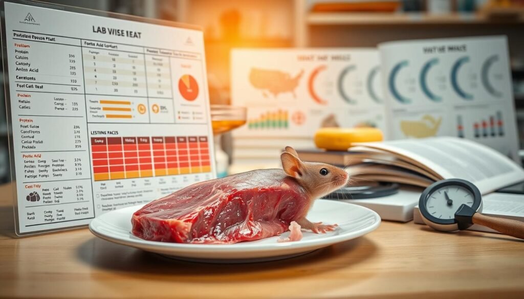 A well-organized composition featuring a close-up view of a high-quality lab analysis chart showcasing the nutritional profile of mouse meat. The foreground highlights detailed sections of protein content, amino acid breakdown, and essential fatty acids, illustrated with visual diagrams and infographics. The middle ground presents a raw specimen of mouse meat, fresh and appetizing, on a clean white plate, surrounded by measuring tools like a scale and reference books on nutrition. The background features a softly lit laboratory environment with hints of scientific equipment and a warm, inviting ambiance, creating an informative yet engaging atmosphere. Bright, natural lighting accentuates the textures of the meat and the vibrancy of the charts, inviting viewers to explore the nuances of this protein source.