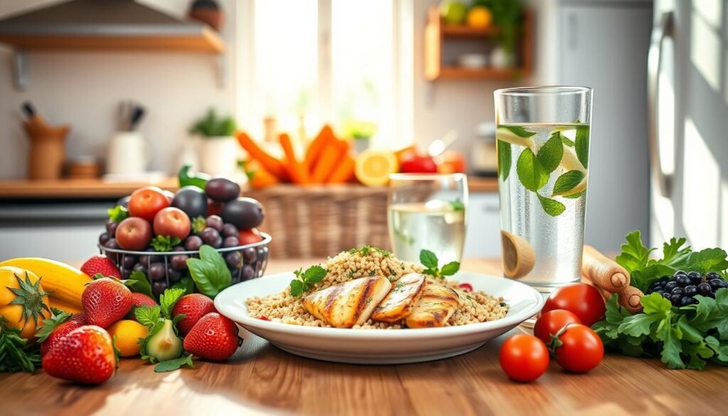 A vibrant, eye-catching image of a healthy eating plate designed for teenagers, set in a bright, cheerful kitchen. In the foreground, a colorful assortment of fresh fruits and vegetables—such as strawberries, carrots, and leafy greens—arranged in an inviting way on a wooden table. In the middle, a clean ceramic plate holds a balanced meal of grilled chicken, quinoa, and a sprinkle of herbs, alongside a glass of water infused with lemon and mint. In the background, sunlight streams through a window, casting a warm glow and creating a positive atmosphere. The overall mood is one of energy and motivation, showcasing the importance of healthy eating habits for adolescents. The scene is captured from a slightly elevated angle to emphasize the delicious food and inviting environment.